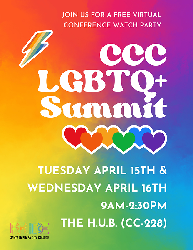 CCC LGBTQ+ Summit Watch Party - Tuesday, April 15 and Wednesday, April 16 from 9:30 a.m. to 2:30 p.m. at the CESJ H.U.B. - Click for PDF